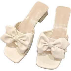 Women's Bow Tie Chunky Heel Sandals Fashion Cute Open Square Toe Slip On Low Block Heel Slide Sandals Summer Wedding Dress Shoes Pumps