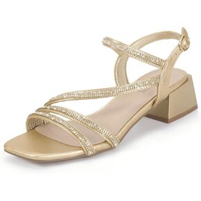 IDIFU IN2 Rhinestone Strappy Heels for Women Low Block Chunky Heels Square Open Toe Slingback Heeled Sandals Prom Wedding Bridal Dress Shoes Comfortable Sparkly Dressy Cute Trendy Short Thick Heels