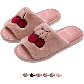 Cute Strawberry Slippers for Women Indoor Home Plush Cotton Slippers Cherry Slippers Non-Slip Slides Open Toe House Shoes Soft Sole Bedroom Slippers
