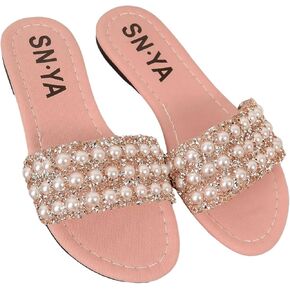 Verdusa Women's Rhinestone Pearls Slide Sandals Summer Flats Sandals