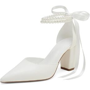 Closed Toe Pearl Heels Satin Wedding Shoes for Bride High Heels with Bow Chunky Block Heels for Women Prom Evening Party Dress Shoes Pumps