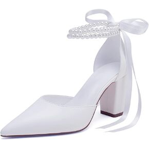 Closed Toe Pearl Heels Satin Wedding Shoes for Bride High Heels with Bow Chunky Block Heels for Women Prom Evening Party Dress Shoes Pumps in Saudi Arabia