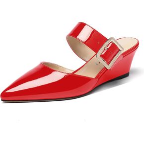 MODENCOCO Women's Pointed Toe Casual Buckle Work Adjustable Strap Patent Wedge Low Heel Pumps Shoes 2 Inch