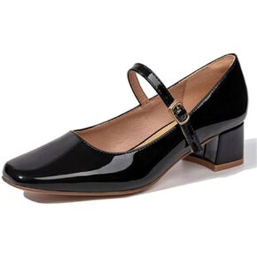 Women's Retro Square Toe Shallow Cut Mary Jane Shoes Fashion Patent Leather Handmade Buckle Low Heels Mary Jane High Heels