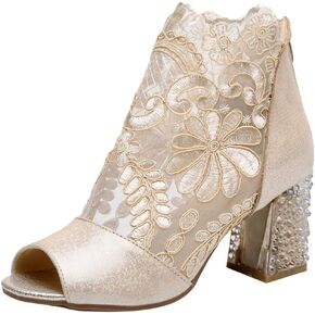 Women Breathable Lace Peep Toe/Closed Toe Block Kitten Heel Summer Sandal Booties Dress Pumps Shoes