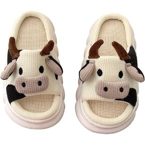 Cow Slippers for Women Men, Cute Cartoon Animal Winter Warm House Slides Slippers, Linen Kawaii Indoor Outdoor Shoes, Comfortable Non Slip Milky Cow Thick Sole Slipper