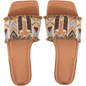 GORGLITTER Women's Color Block Leather Flats Sandal Dressy Cute Square Toe Tassel Slip on Slide Summer Sandals