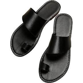 OYOANGLE Women's Toe Ring Open Toe Flat Sandals Strappy Solid Non Slip Outdoor Beach Slides Slippers