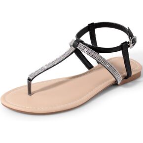 Womens Rhinestone Sandals T-Strap Crystal Flat Dressy Adjustable Ankle Thong Summer Sandals
