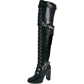Buckle Strap Wide Calf Thigh High Boots for Women Chunky Block High Heel Over The Knee Boots Lace up Riding Combat Boots Ladies Side Zipper Tall Long Boots