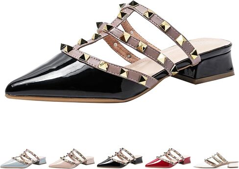 Women's Patent Leather Closed Pointed Toe Rivet Heeled Sandals Fashion Multi Band Studded Slingback Chunky Mid Heel Work Pumps Slippers in Saudi Arabia