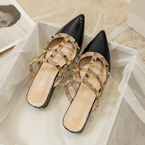 Women's Patent Leather Closed Pointed Toe Rivet Heeled Sandals Fashion Multi Band Studded Slingback Chunky Mid Heel Work Pumps Slippers in Saudi Arabia