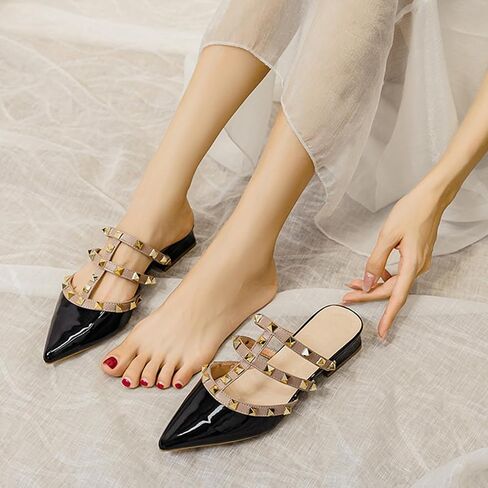 Women's Patent Leather Closed Pointed Toe Rivet Heeled Sandals Fashion Multi Band Studded Slingback Chunky Mid Heel Work Pumps Slippers in Saudi Arabia