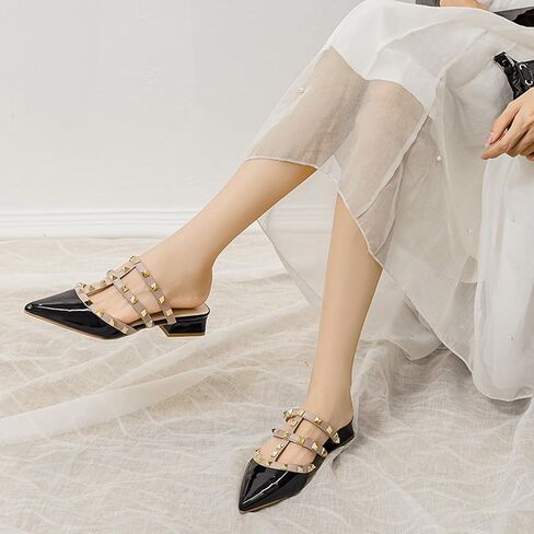 Women's Patent Leather Closed Pointed Toe Rivet Heeled Sandals Fashion Multi Band Studded Slingback Chunky Mid Heel Work Pumps Slippers in Saudi Arabia