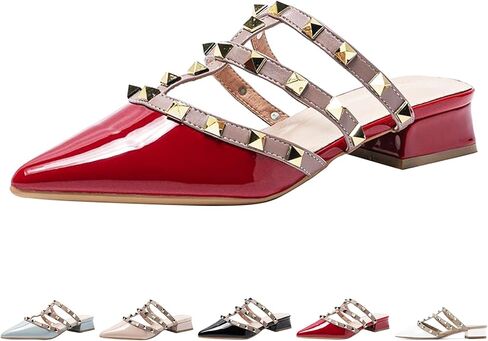 Women's Patent Leather Closed Pointed Toe Rivet Heeled Sandals Fashion Multi Band Studded Slingback Chunky Mid Heel Work Pumps Slippers in Saudi Arabia