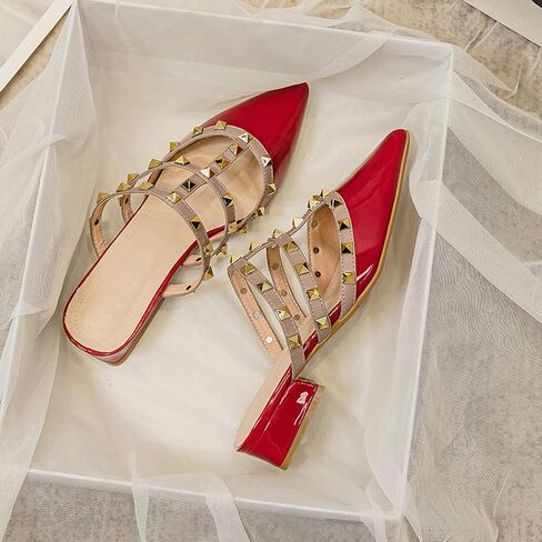 Women's Patent Leather Closed Pointed Toe Rivet Heeled Sandals Fashion Multi Band Studded Slingback Chunky Mid Heel Work Pumps Slippers in Saudi Arabia
