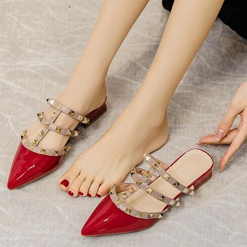 Women's Patent Leather Closed Pointed Toe Rivet Heeled Sandals Fashion Multi Band Studded Slingback Chunky Mid Heel Work Pumps Slippers in Saudi Arabia