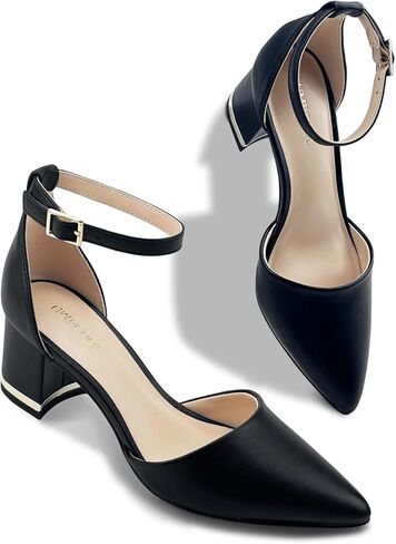 حذاء نسائي بكعب مكتنز ومقدمة مدببة، كعب مريح للنساء، حذاء بحزام كاحل مكتنز لحفلات الزفاف والمكتب in Kuwait