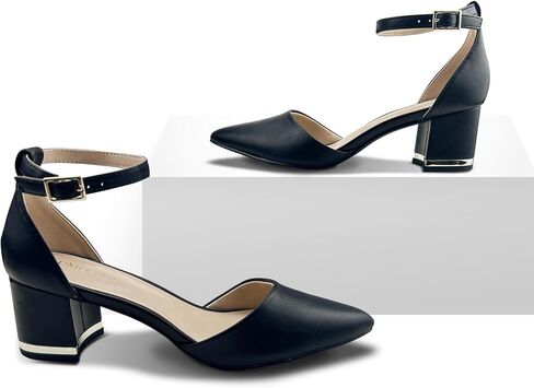 حذاء نسائي بكعب مكتنز ومقدمة مدببة، كعب مريح للنساء، حذاء بحزام كاحل مكتنز لحفلات الزفاف والمكتب in Kuwait