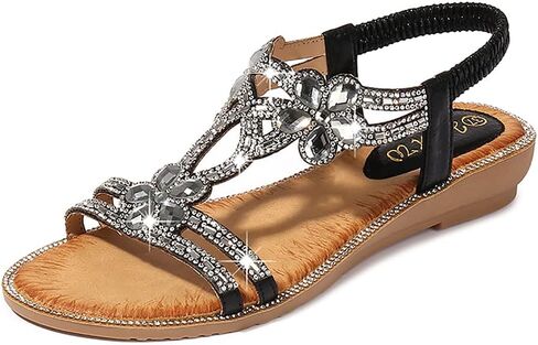 Meeshine Women T-Strap Rhinestone Beaded Gladiator Flat Sandals Summer Beach Sandal in Saudi Arabia