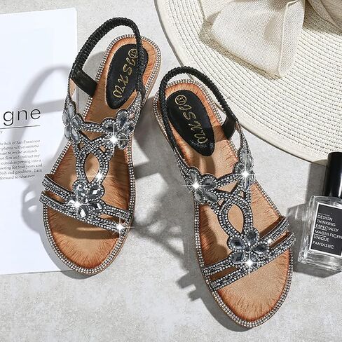 Meeshine Women T-Strap Rhinestone Beaded Gladiator Flat Sandals Summer Beach Sandal in Saudi Arabia