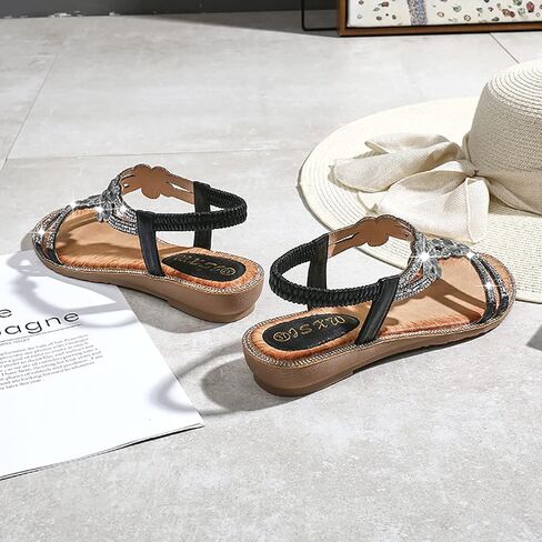 Meeshine Women T-Strap Rhinestone Beaded Gladiator Flat Sandals Summer Beach Sandal in Saudi Arabia
