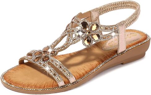Meeshine Women T-Strap Rhinestone Beaded Gladiator Flat Sandals Summer Beach Sandal in Saudi Arabia