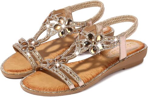 Meeshine Women T-Strap Rhinestone Beaded Gladiator Flat Sandals Summer Beach Sandal in Saudi Arabia
