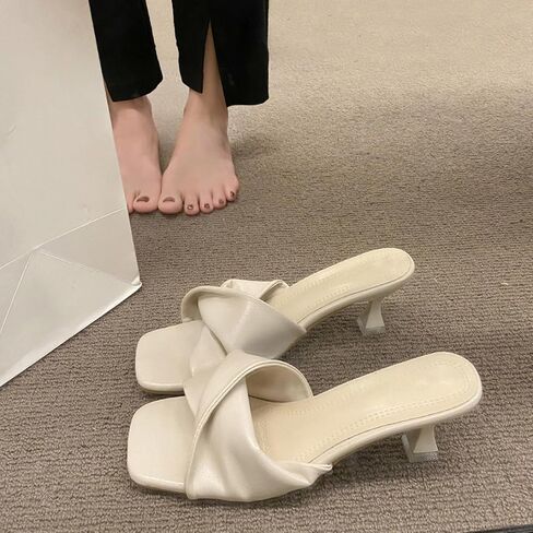 Women's Cross Strap Leather Kitten Heel Slip-On Sandals Fashion Square Open toe Low Heel Party Mule Sandals for Daily Outdoor Evening Dating in Saudi Arabia
