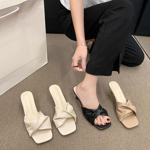 Women's Cross Strap Leather Kitten Heel Slip-On Sandals Fashion Square Open toe Low Heel Party Mule Sandals for Daily Outdoor Evening Dating in Saudi Arabia
