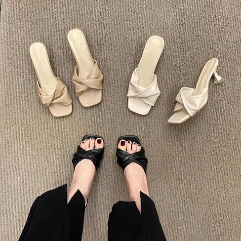 Women's Cross Strap Leather Kitten Heel Slip-On Sandals Fashion Square Open toe Low Heel Party Mule Sandals for Daily Outdoor Evening Dating in Saudi Arabia