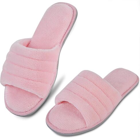 DL Women's Memory Foam Open Toe Slide Slippers with Cozy Terry Lining, Slip on House Shoes Spa Mules Sandals with Indoor Outdoor Rubber Sole in Saudi Arabia