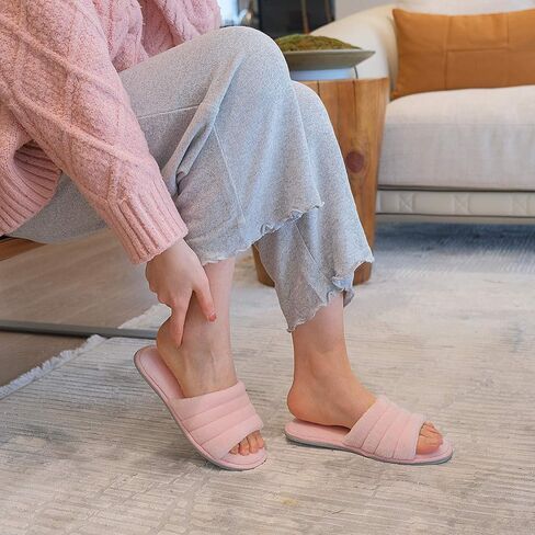 DL Women's Memory Foam Open Toe Slide Slippers with Cozy Terry Lining, Slip on House Shoes Spa Mules Sandals with Indoor Outdoor Rubber Sole in Saudi Arabia