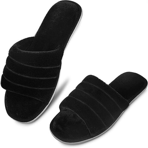 DL Women's Memory Foam Open Toe Slide Slippers with Cozy Terry Lining, Slip on House Shoes Spa Mules Sandals with Indoor Outdoor Rubber Sole in Saudi Arabia