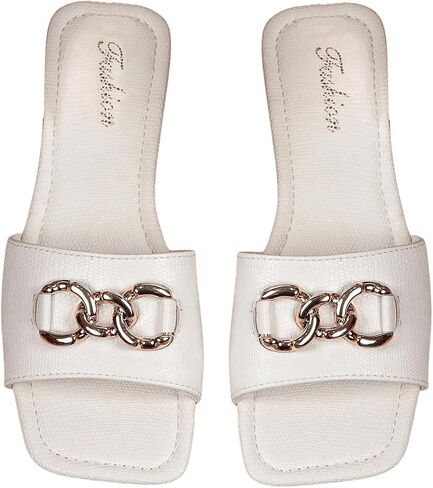 GORGLITTER Women's Chain PU Leather Dressy Flat Sandals Square Open Toe Slip on Beach Summer Slide Sandals in Saudi Arabia