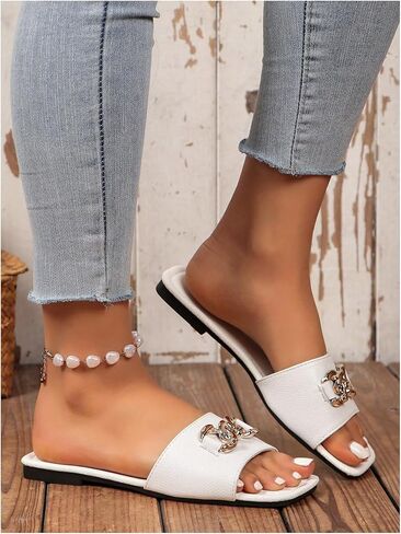 GORGLITTER Women's Chain PU Leather Dressy Flat Sandals Square Open Toe Slip on Beach Summer Slide Sandals in Saudi Arabia