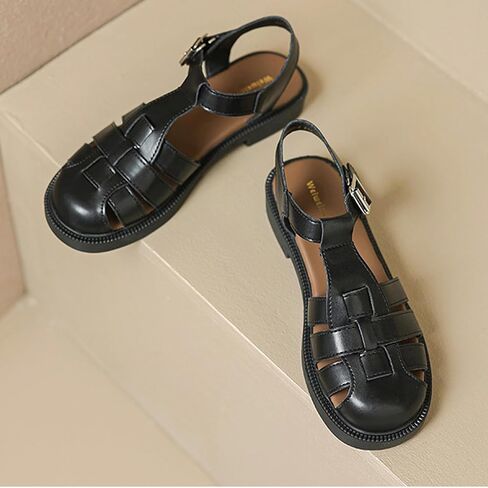 Women's Closed Toe Hollow Woven Fisherman Sandals,Summer Fashion Adjustable Buckle Ankle Strap Flat Rome Sandals Comfortable Y2K Gladiator Chunky Heel Strappy Sandals in Kuwait