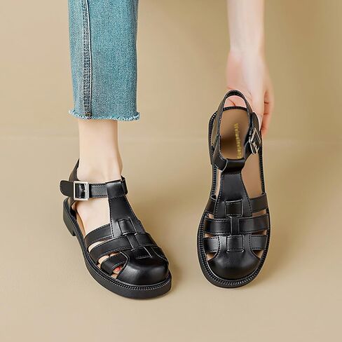 Women's Closed Toe Hollow Woven Fisherman Sandals,Summer Fashion Adjustable Buckle Ankle Strap Flat Rome Sandals Comfortable Y2K Gladiator Chunky Heel Strappy Sandals in Kuwait