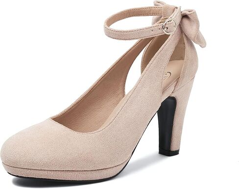 Elerhythm Women's Mary Jane Heels with Bow Retro Closed Round Toe Suede Ankle Strap Pumps Gatsby Vintage Sweet Office Daily Dress Shoes in Saudi Arabia