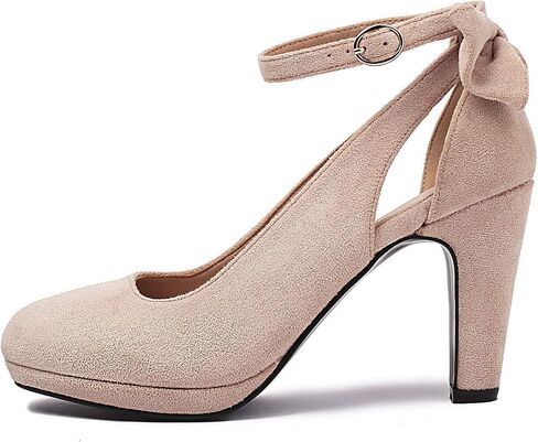 Elerhythm Women's Mary Jane Heels with Bow Retro Closed Round Toe Suede Ankle Strap Pumps Gatsby Vintage Sweet Office Daily Dress Shoes in Saudi Arabia