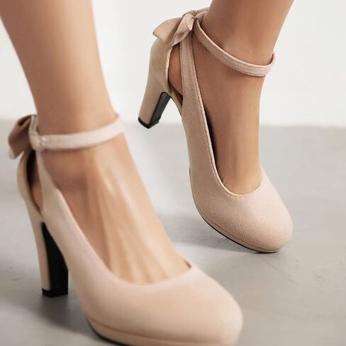 Elerhythm Women's Mary Jane Heels with Bow Retro Closed Round Toe Suede Ankle Strap Pumps Gatsby Vintage Sweet Office Daily Dress Shoes in Saudi Arabia