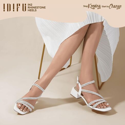 IDIFU IN2 Rhinestone Strappy Heels for Women Low Block Chunky Heels Square Open Toe Slingback Heeled Sandals Prom Wedding Bridal Dress Shoes Comfortable Sparkly Dressy Cute Trendy Short Thick Heels in Saudi Arabia