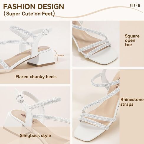 IDIFU IN2 Rhinestone Strappy Heels for Women Low Block Chunky Heels Square Open Toe Slingback Heeled Sandals Prom Wedding Bridal Dress Shoes Comfortable Sparkly Dressy Cute Trendy Short Thick Heels in Saudi Arabia