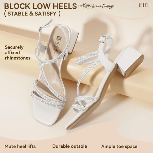 IDIFU IN2 Rhinestone Strappy Heels for Women Low Block Chunky Heels Square Open Toe Slingback Heeled Sandals Prom Wedding Bridal Dress Shoes Comfortable Sparkly Dressy Cute Trendy Short Thick Heels in Saudi Arabia