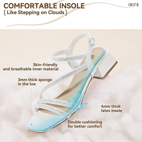 IDIFU IN2 Rhinestone Strappy Heels for Women Low Block Chunky Heels Square Open Toe Slingback Heeled Sandals Prom Wedding Bridal Dress Shoes Comfortable Sparkly Dressy Cute Trendy Short Thick Heels in Saudi Arabia
