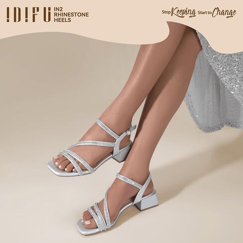IDIFU IN2 Rhinestone Strappy Heels for Women Low Block Chunky Heels Square Open Toe Slingback Heeled Sandals Prom Wedding Bridal Dress Shoes Comfortable Sparkly Dressy Cute Trendy Short Thick Heels in Saudi Arabia