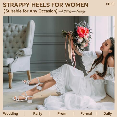 IDIFU IN2 Rhinestone Strappy Heels for Women Low Block Chunky Heels Square Open Toe Slingback Heeled Sandals Prom Wedding Bridal Dress Shoes Comfortable Sparkly Dressy Cute Trendy Short Thick Heels in Saudi Arabia