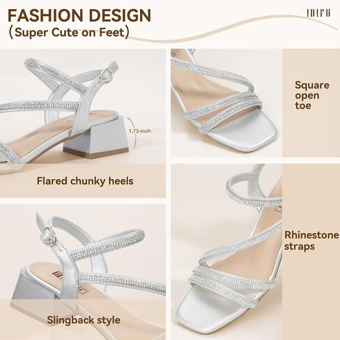 IDIFU IN2 Rhinestone Strappy Heels for Women Low Block Chunky Heels Square Open Toe Slingback Heeled Sandals Prom Wedding Bridal Dress Shoes Comfortable Sparkly Dressy Cute Trendy Short Thick Heels in Saudi Arabia