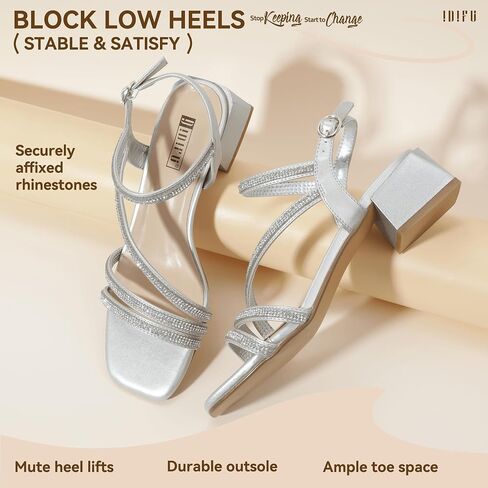 IDIFU IN2 Rhinestone Strappy Heels for Women Low Block Chunky Heels Square Open Toe Slingback Heeled Sandals Prom Wedding Bridal Dress Shoes Comfortable Sparkly Dressy Cute Trendy Short Thick Heels in Saudi Arabia
