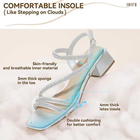 IDIFU IN2 Rhinestone Strappy Heels for Women Low Block Chunky Heels Square Open Toe Slingback Heeled Sandals Prom Wedding Bridal Dress Shoes Comfortable Sparkly Dressy Cute Trendy Short Thick Heels in Saudi Arabia